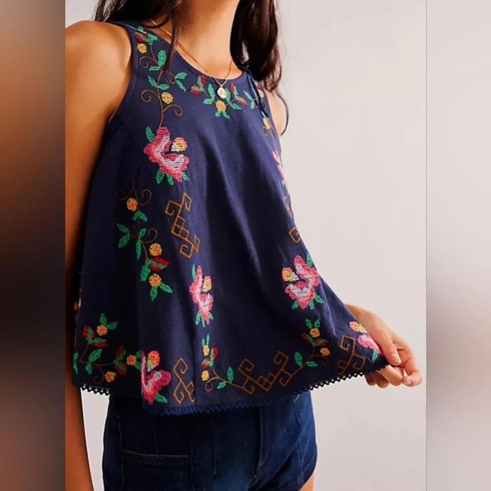 Free People Fun And Flirty Embroidered Top/Cobalt Blue Combo